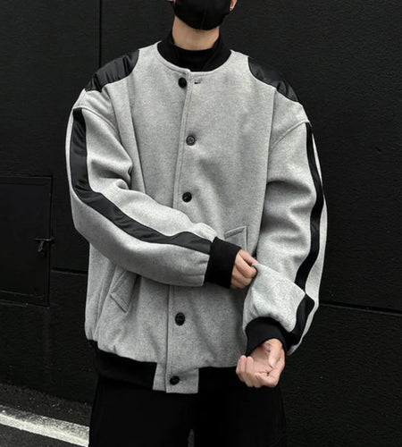 Woolen Round Neck Men's Jackets Patchwork Single-breasted Fashion Coats Male Contrast Color Tops 2024 Winter Trendy 9C8918