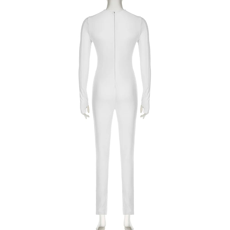 Streetwear White Skinny Sportswear Autumn Jumpsuit Female Zipper Cut Out Bodysuit One Piece Basic Casual Rompers Gym