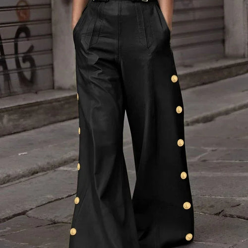Load image into Gallery viewer, Spring High Waisted Faux Pu Pants for Women Red Pleated Gold Button Streetwear Feamale Flared Wide-leg Trousers
