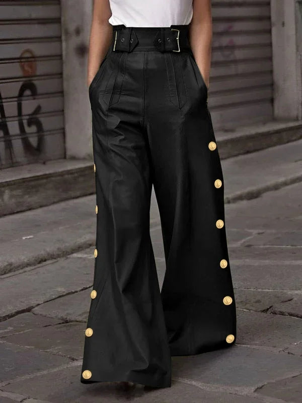Spring High Waisted Faux Pu Pants for Women Red Pleated Gold Button Streetwear Feamale Flared Wide-leg Trousers