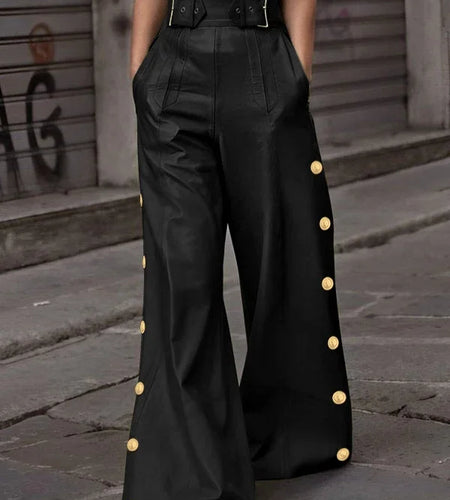 Fall Spring Women's Black Faux Pu Wide Leg Pants Pleated Button Streetwear High Waisted Floor-length Trousers for Woman