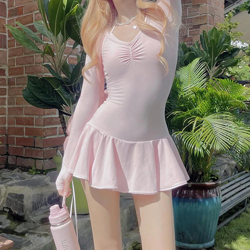 Load image into Gallery viewer, Hotsweet Pink Fold Autumn Dress Women Korean Fashion Coquette Clothes A-Line Mini Dresses Cute Harajuku Solid Preppy
