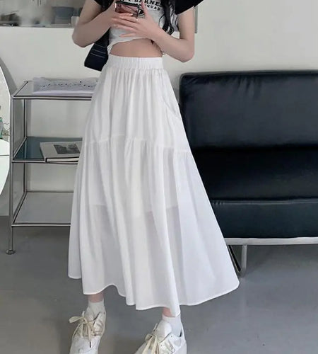 French Spring Summer Black Pleated Long Skirts Women White Elegant High Waist Holiday Skirt Fashion Popular Ladies Clothes Trend