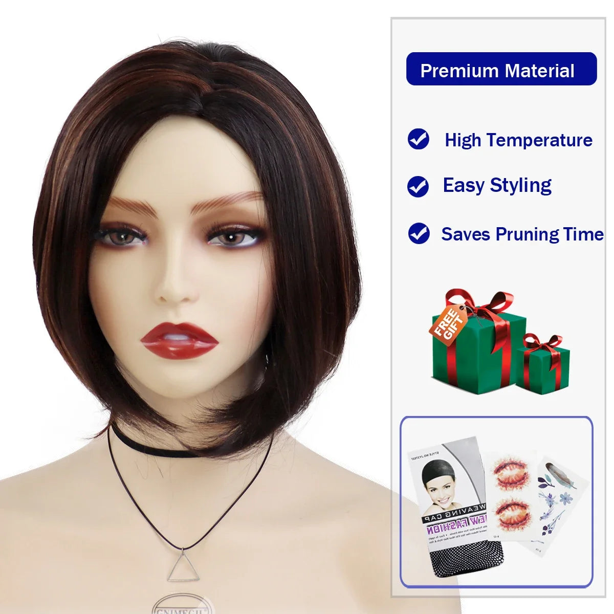 Brunette Brown Wig Natural Synthetic Hair Petite Size Wigs for Women Pixie Cut Short Highlight Hair Trendy Mommy Wig