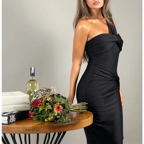 Load image into Gallery viewer, Elegant Sleeveless Single Shoulder Strap Zipper Evening Dress Women Pleated Slim Maxi Dress Female Party Club Vestidos
