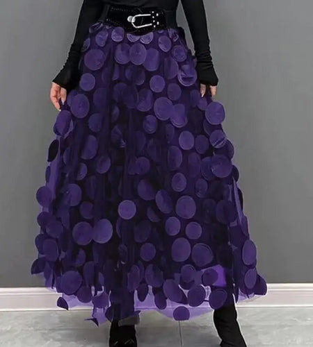 Retro Black Elegant Round Dot Mesh Long Skirt Spring Summer Women Purple High Waist  Green Party A-line Half Skirt Kroean Simple
