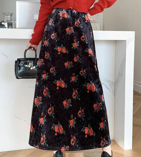 Black Red Floral Print Velvet Long Skirt Vintage Elastic High Waist Slim A-line Skirts Autumn Winter Fashion Women Bohemian Chic