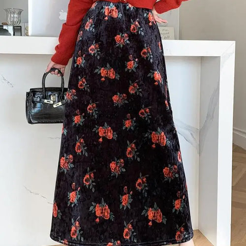 Load image into Gallery viewer, Black Red Floral Print Velvet Long Skirt Vintage Elastic High Waist Slim A-line Skirts Autumn Winter Fashion Women Bohemian Chic
