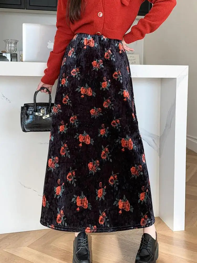 Black Red Floral Print Velvet Long Skirt Vintage Elastic High Waist Slim A-line Skirts Autumn Winter Fashion Women Bohemian Chic