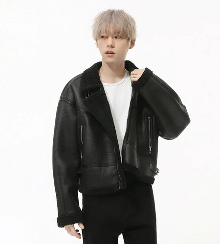 Vintage Men's Jackets Lamb Wool PU Leather Fleece Thickened Tops Contrast Color Turn-down Collar Zipper Male Coats 9C9218