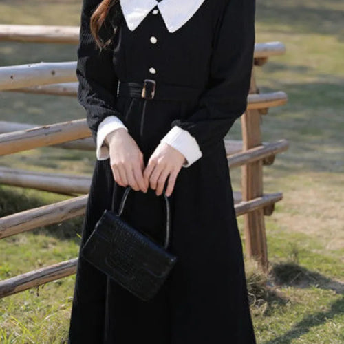 Load image into Gallery viewer, Preppy Style School Corduroy Dress Women Sweet Kawaii Black Long Sleeve Midi Dresses with Belt Korean Autumn Winter
