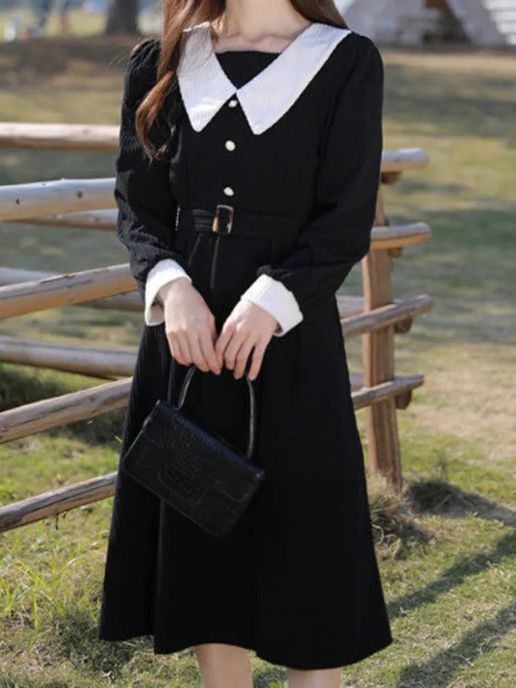 Preppy Style School Corduroy Dress Women Sweet Kawaii Black Long Sleeve Midi Dresses with Belt Korean Autumn Winter