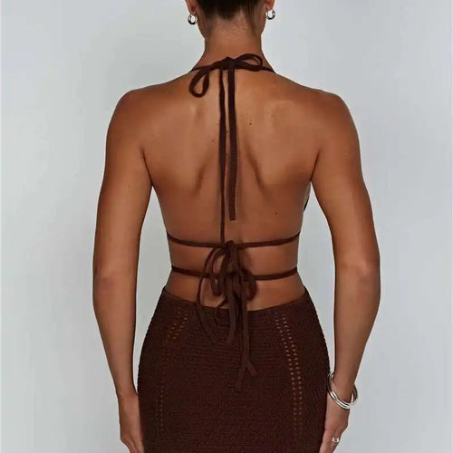 Load image into Gallery viewer, Hollow Out Halter Sexy Mini Dress Women Summer New Sleeveless Backless Skinny Club Party Knit Tank Dress Vestido
