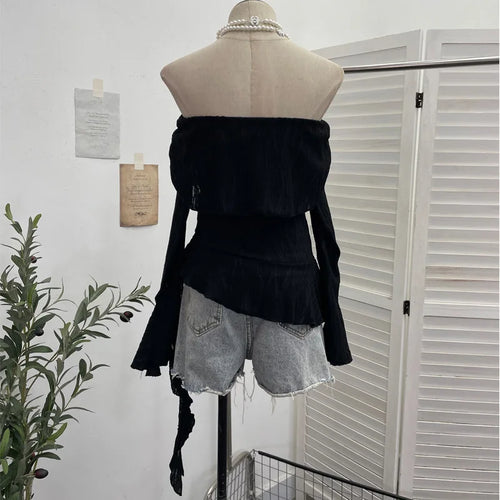 Load image into Gallery viewer, Harajuku Slash Neck Pleated Women Y2k Aesthetic Tops Y2k Aesthetic Irregular Ruffled T-shirt Grunge Sexy Flare Sleeve Fairy Tops
