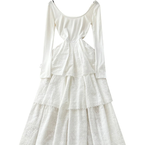 Load image into Gallery viewer, Korean Fashion Women White Embroidered Elegant Long Sleeved Pleated Cake Dress Spring Round Neck High Waist Vacation Party Dress
