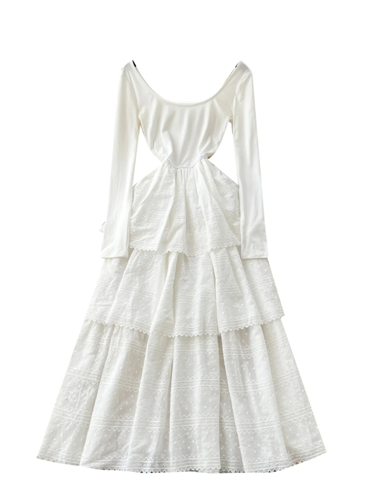 Korean Fashion Women White Embroidered Elegant Long Sleeved Pleated Cake Dress Spring Round Neck High Waist Vacation Party Dress