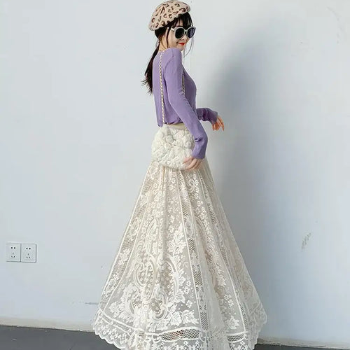 Load image into Gallery viewer, Spring Summer French Fashion Vintage Solid Lace Slim Long Skirt Women High Waist Elegant Party Pleated A-line Skirt New Clothing
