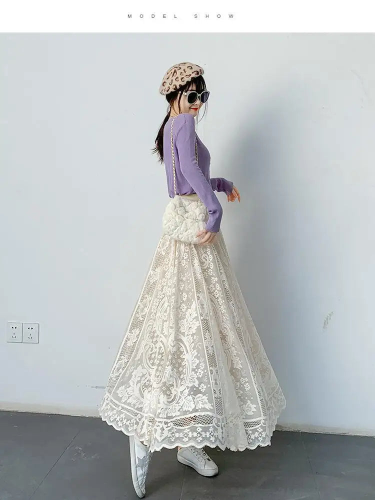 Spring Summer French Fashion Vintage Solid Lace Slim Long Skirt Women High Waist Elegant Party Pleated A-line Skirt New Clothing