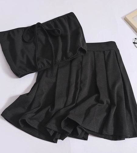 Summer Solid Eleagnt Two-piece Set Women Backless Sleeveless Strapless Lace-up Tops And High Waist Mini Pleated Skirt Suit 2024