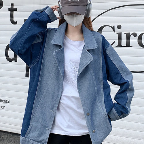 Load image into Gallery viewer, Suit Collar Denim Coat Women Autumn Winter Korean New Fashion Loose Casual Spell Color Blue Denim Jacket Female S-XL
