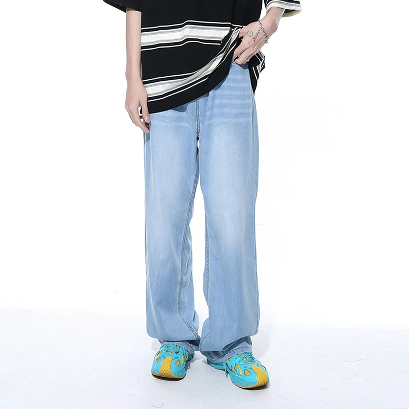 American Style Jeans Loose Pocket Zipper Washed Male Denim Pants Casual Straight Wide Leg Male Trousers Autumn Trend 9C5395