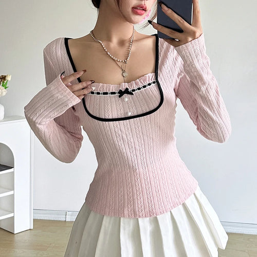 Load image into Gallery viewer, Sweet Korean Square Neck Slim Women T-shirts Bow Ruched Stitching Autumn Top Tee Coquette Clothes Girls Knitted Shirt
