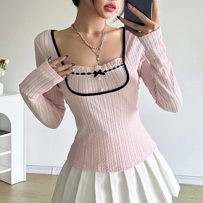 Sweet Korean Square Neck Slim Women T-shirts Bow Ruched Stitching Autumn Top Tee Coquette Clothes Girls Knitted Shirt