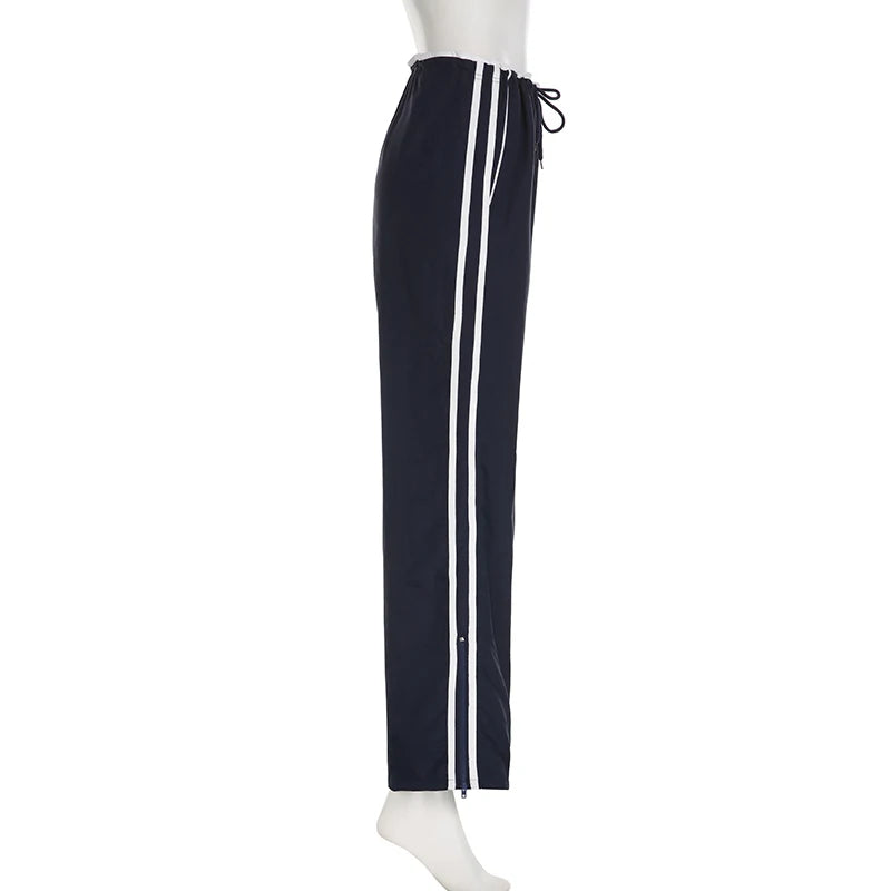 Streetwear Drawstring Stripe Women Trousers Straight Leg Casual Baggy Pants Patchwork Sporty Joggers Sweatpants 2024