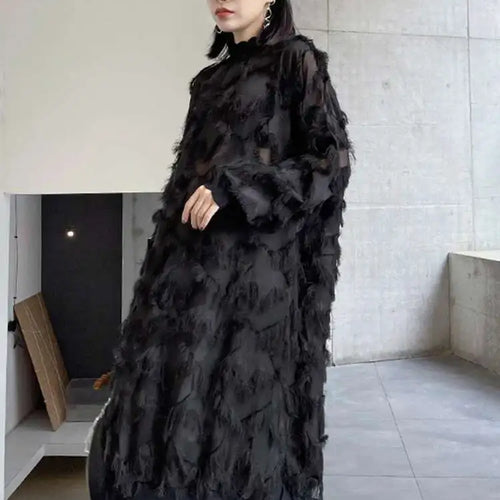Load image into Gallery viewer, Women Black Tassels Perspective Big Size Knee-Length Dress New Turtleneck Long Sleeve Fashion Spring Autumn 2025 1DH8741
