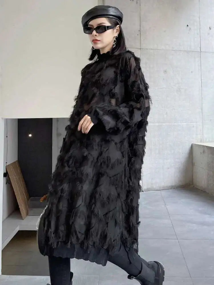 Women Black Tassels Perspective Big Size Knee-Length Dress New Turtleneck Long Sleeve Fashion Spring Autumn 2025 1DH8741