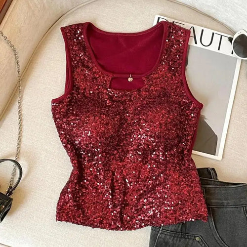 Load image into Gallery viewer, French Women Black Beige Sequin Elegant Sleeveless Vest Summer New Red Hollow Out Round Neck Holiday Short Tank Top Popular Chic
