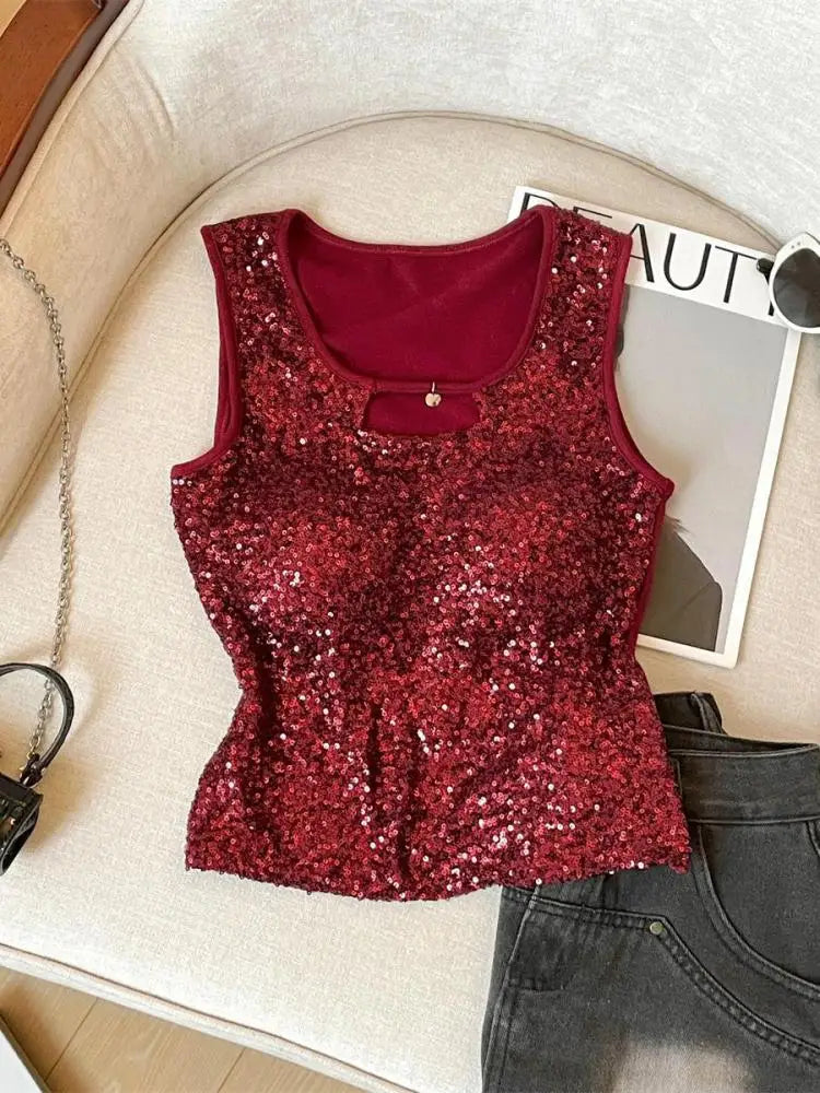 French Women Black Beige Sequin Elegant Sleeveless Vest Summer New Red Hollow Out Round Neck Holiday Short Tank Top Popular Chic