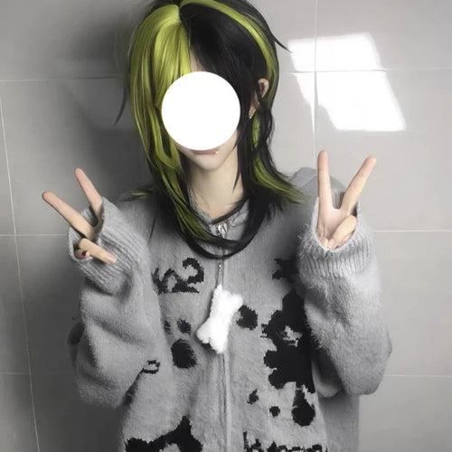 Load image into Gallery viewer, Y2k Aesthetic Gray Cartoon Jacquard Cardigans Winter Hooded Streetwear Oversized Tops Grunge Casual Zippers Knitted Sweaters
