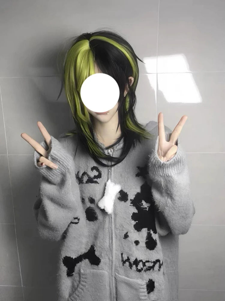 Y2k Aesthetic Gray Cartoon Jacquard Cardigans Winter Hooded Streetwear Oversized Tops Grunge Casual Zippers Knitted Sweaters