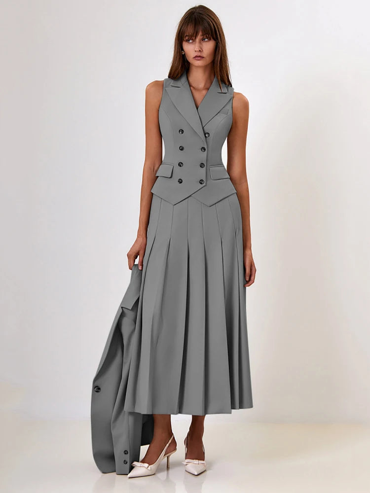 Fashion Slim Button Vest Long Skirt Women Two-piece Set Tight Vest Pleated Skirt Set Elegant Streetwear 2024 Autumn Set