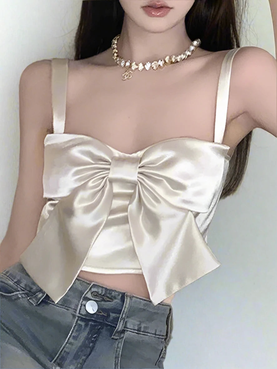 Solid Color Bow Spaghetti Strap Sexy Women's Camis Fashion Sleeveless Slash Neck Elegant Chic Female Camis Y2k Clothing