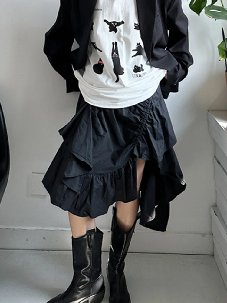 High Waist White Pleated Ruffles Irregular Slit Elegant Half-body Skirt Women Fashion Tide New Spring Autumn 2025 1DJ0094