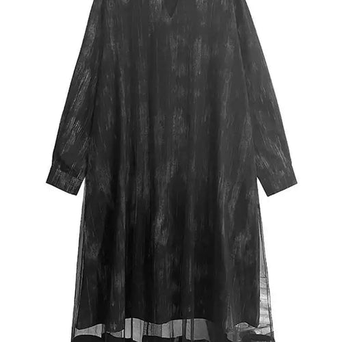 Load image into Gallery viewer, Women Black Hollow Out Mesh Spliced Big Size Dress New Stand Collar Long Sleeve Fashion Tide Spring Autumn 2025 1DJ0051
