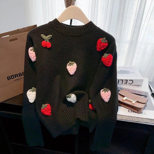 Load image into Gallery viewer, French Vintage Women Sweet Strawberry Embroidered Elegant Long Sleeve Knit Sweater 2024 New Autumn Winter Round Neck Tops Trendy
