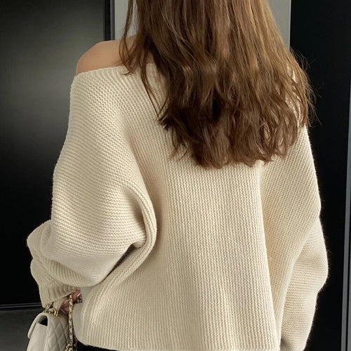 Load image into Gallery viewer, Solid Temperament Sweaters For Women Slash Neck Long Sleeve Patchwork Button Minimalist Sweater Female Fashion
