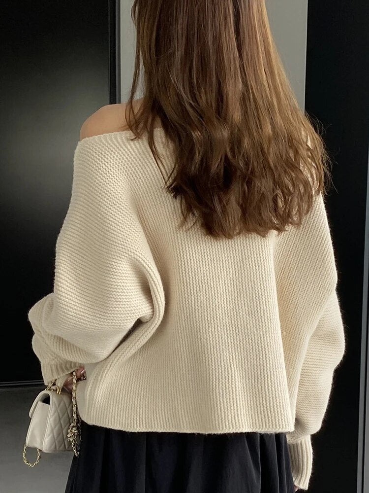 Solid Temperament Sweaters For Women Slash Neck Long Sleeve Patchwork Button Minimalist Sweater Female Fashion