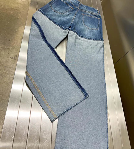 Casual Patchwork Denim Pants For Women High Waist Spliced Pockets Hit Color Loose Wide Leg Pant Female Fashion