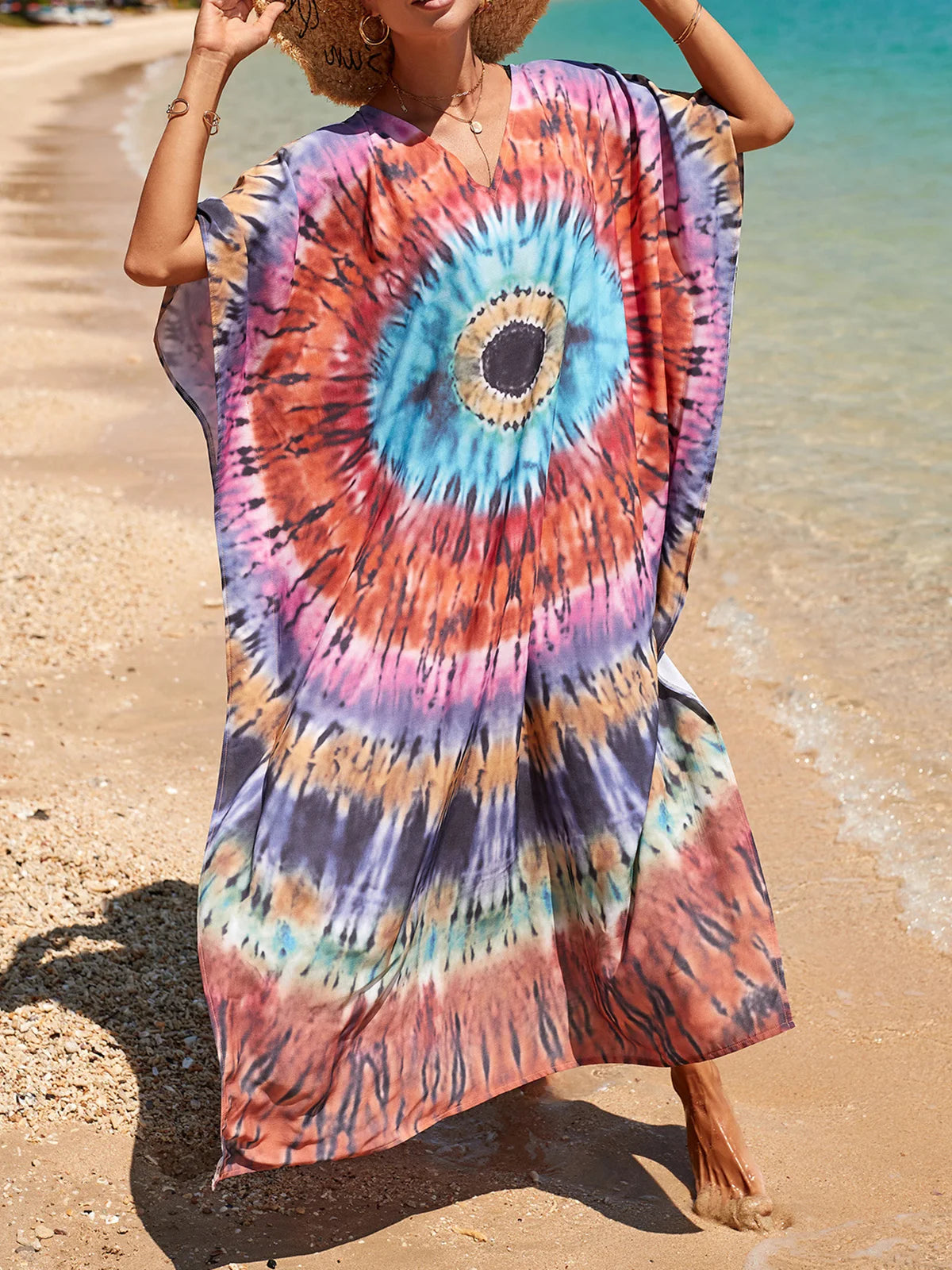 Colorful Kaftan Tunic Beach Cover Up Cover-ups Beach Dress Beach Wear Beachwear Loose Maxi Dress Female Women V4428