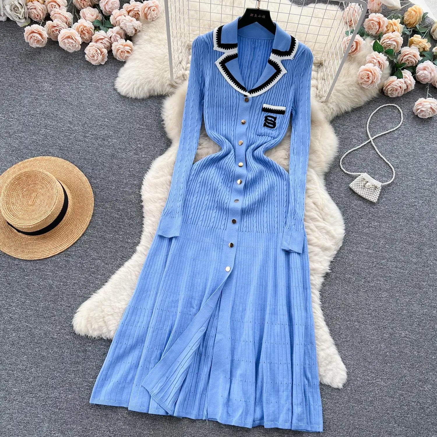 Women Elegant Patchwork Embroidery Knit Sweater Long Dress Autumn Winter Casual Fashion Slim Long Sleeve Button Dresses New 2023