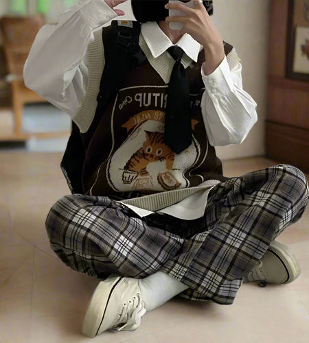 Sweater Vest Women Kawaii Cat Waistcoat Streetwear Knitting Chic Fashion College All-match Harajuku Y2k Vests Chandails