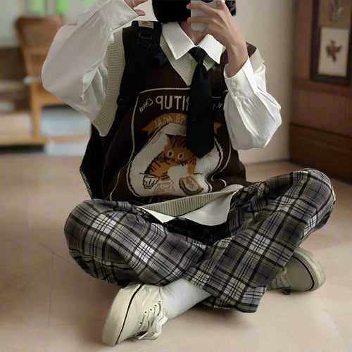 Load image into Gallery viewer, Sweater Vest Women Kawaii Cat Waistcoat Streetwear Knitting Chic Fashion College All-match Harajuku Y2k Vests Chandails
