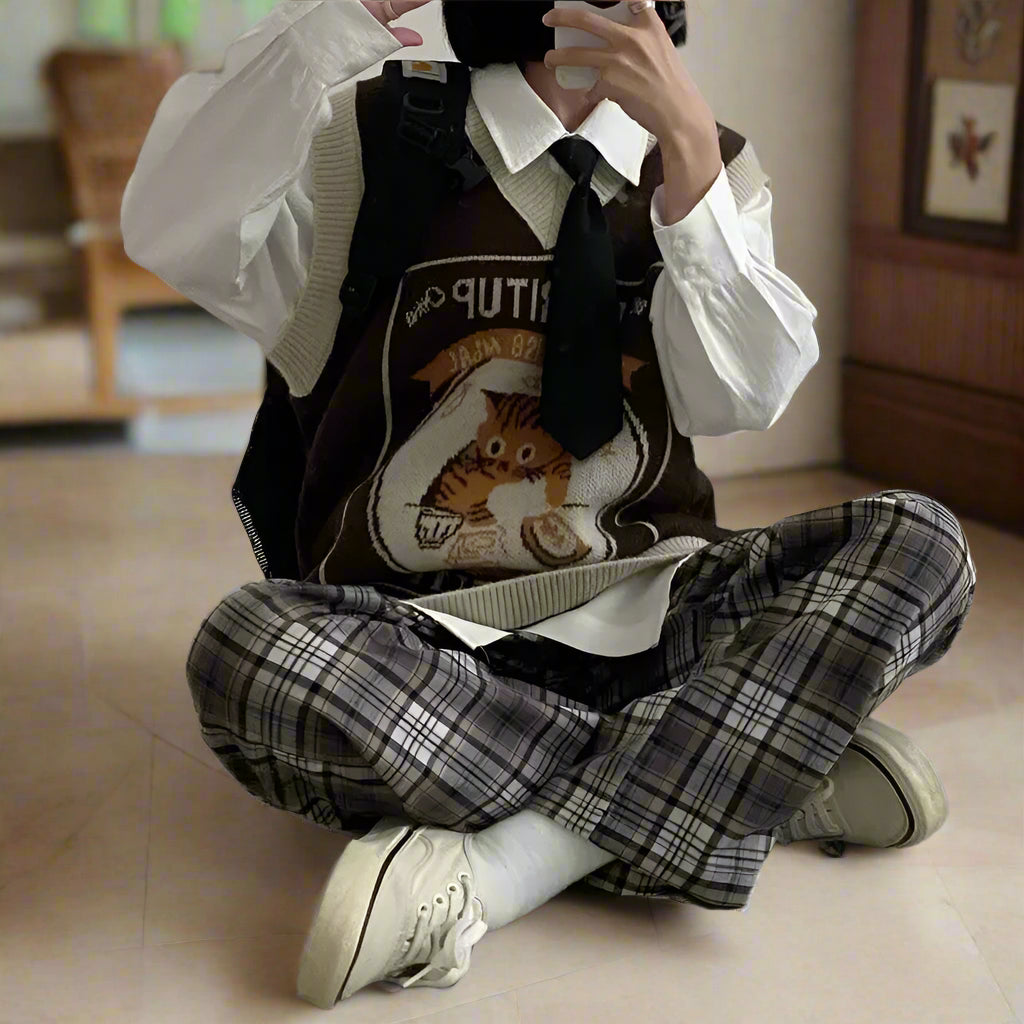 Sweater Vest Women Kawaii Cat Waistcoat Streetwear Knitting Chic Fashion College All-match Harajuku Y2k Vests Chandails