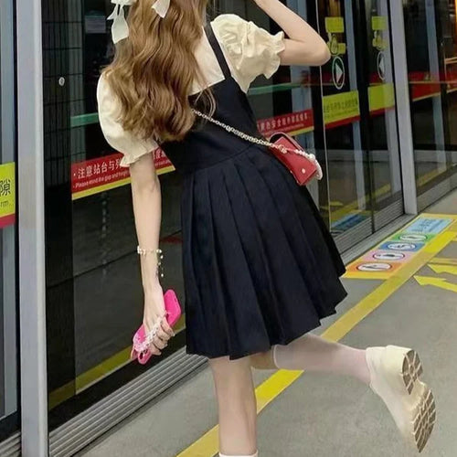 Load image into Gallery viewer, Korean Style Black Pleated Dress Women Casual Kawaii School Puff Sleeve Short Dresses Student Summer Sundress Kpop
