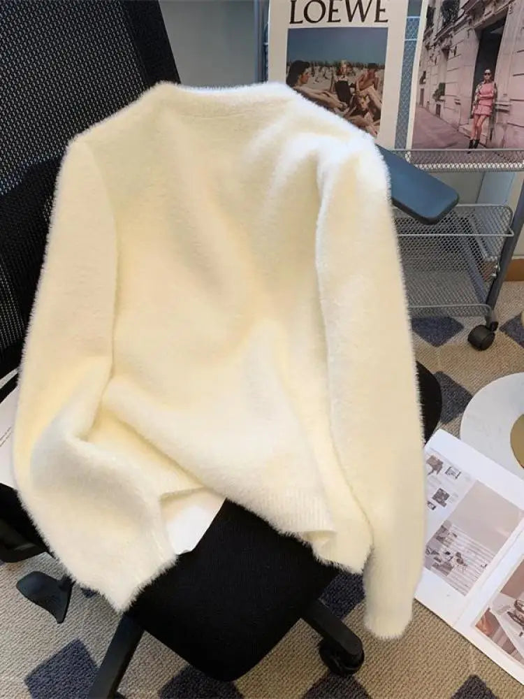 Sweet Women Purple Green Flower Decoration Knitted Single Breasted Cardigan Sweater Long Sleeve Loose O-neck Autumn Winter Tops