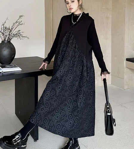 Women Black Pattern Textured Big Size  Long Vest Dress New V-Neck Sleeveless Fashion Tide Spring Autumn 2025 1DH844101